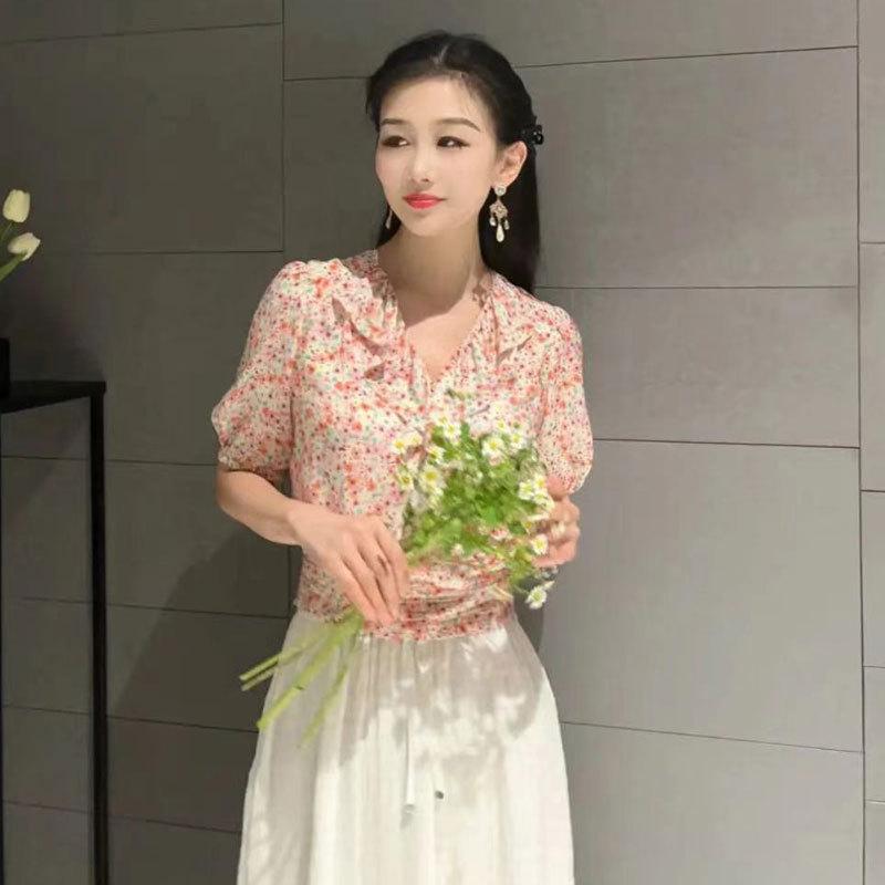Shopping mall 1116 women's clothing spring and autumn V-neck retro thin pink floral short-sleeved shirt 1111111