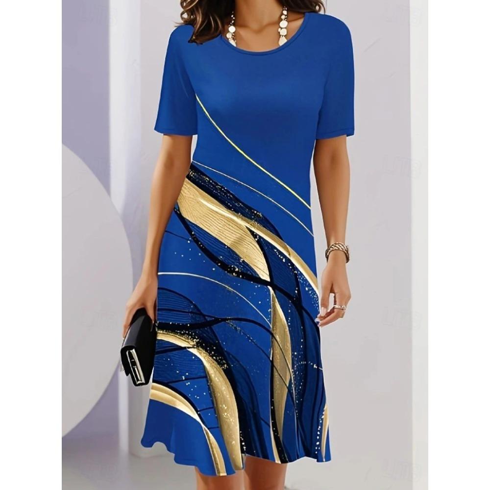 Women s Fashion Geometric Pattern Print Summer Spring Short Sleeve O-Neck Casual Dresses XS