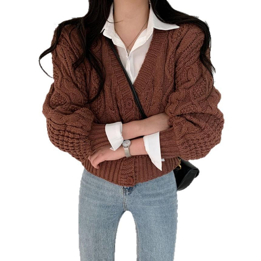 Autumn and winter new twist sweater jacket for women age-reducing and thin V-neck lantern sleeves loose knitted sweater for women