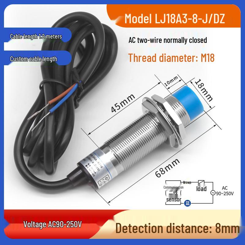 M18 Metal Sensor Proximity Switch - LJ18A3 Series, NPN, Normally Open, Three-wire