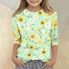 Girls Floral Print Crew Neck Three Quarter Sleeve Casual T Shirt Lightweight Comfortable Fit Soft Fabric