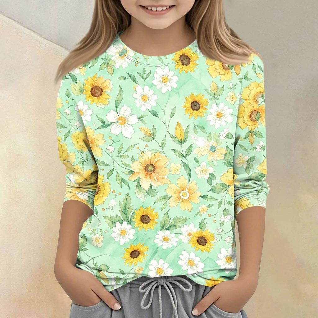 Girls Floral Print Crew Neck Three Quarter Sleeve Casual T Shirt Lightweight Comfortable Fit Soft Fabric