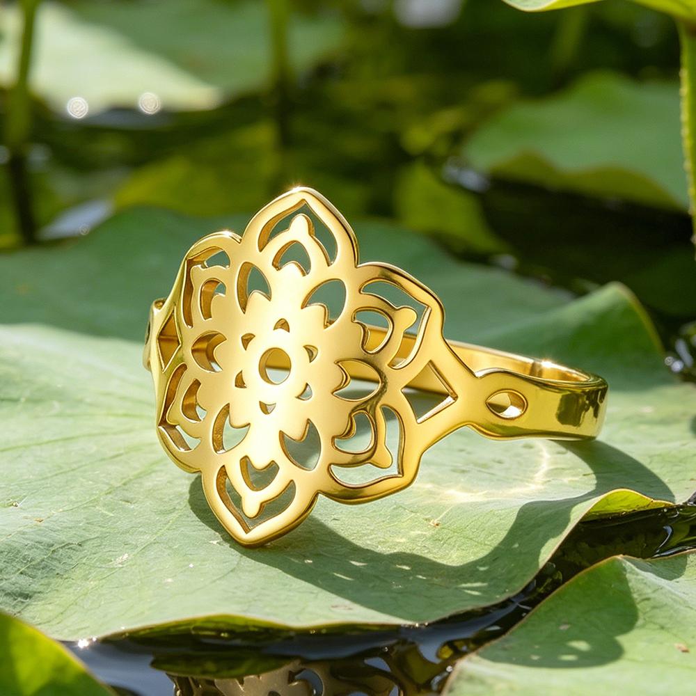 Dawapara Sacred Geometry Mandala Ring Lotus Flower Adjustable Women Ring Stainless Steel Buddhist Yoga Jewelry Spiritual Gift