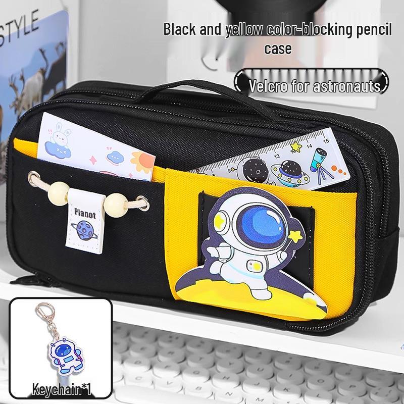 Send Astronaut Velcro! Boys' Black Dirt-Resistant Pencil Case, Hand-Carry, Large Capacity, New 2025 Style.