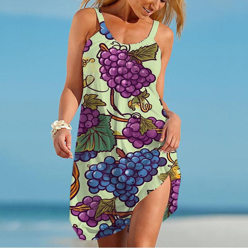 Summer New Lady Camisole Dress Grapes and Wine 3D Printed Lady Camisole Dress Fashion Trendy Casual Loose Ladies Suspender Dress