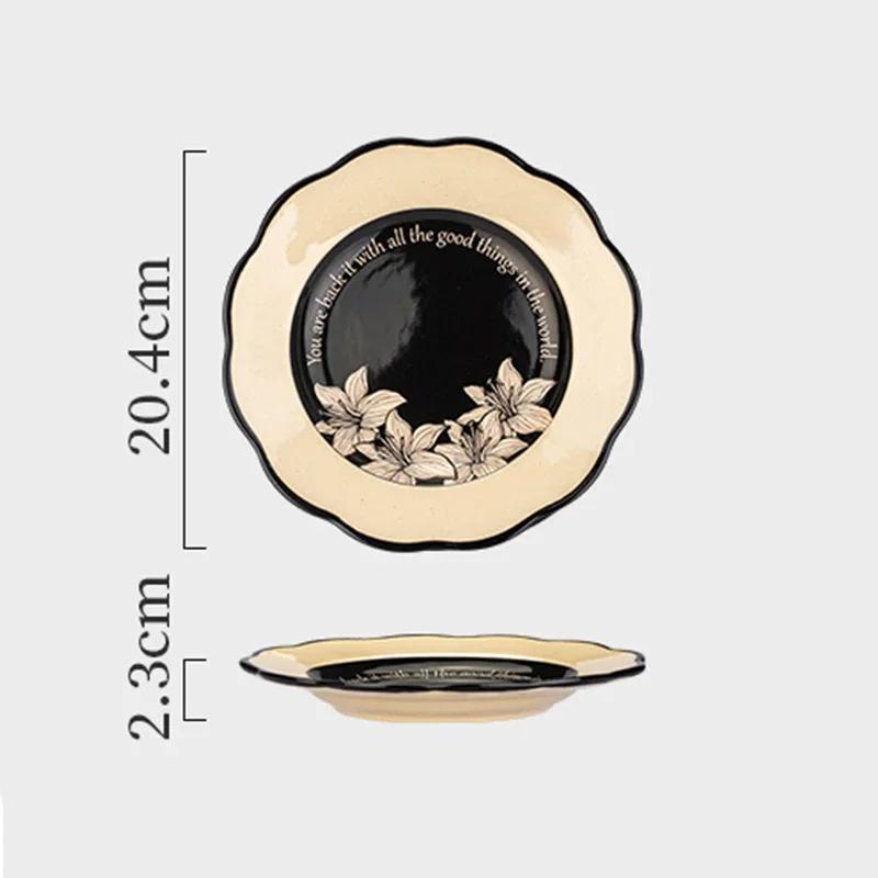 Retro Flowers Ceramic Plate Light Luxury Restaurant Steak Plate Afternoon Tea Dessert Fruit Plates Exquisite Black Tableware