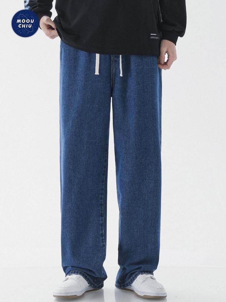 Muxiu Men's Autumn/Winter Loose Straight-Leg Elastic Waist Jeans