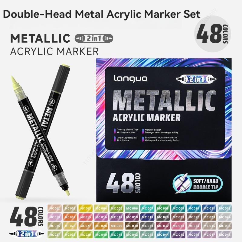 12/48 Metallic Colors Acrylic Paint Markers Dual Tip Pens for Rock Painting Wood Canvas Stone Glass Ceramic Art Supplies Languo