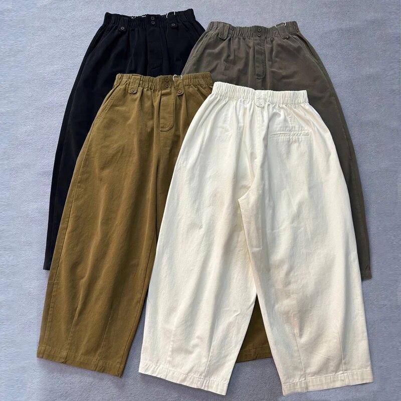 Johnature Bavlněné harémové kalhoty Dámské Podzim Zima Vysoký pas Elastické Volné Kalhoty Široké nohavice Ležérní Kapsy Kalhoty