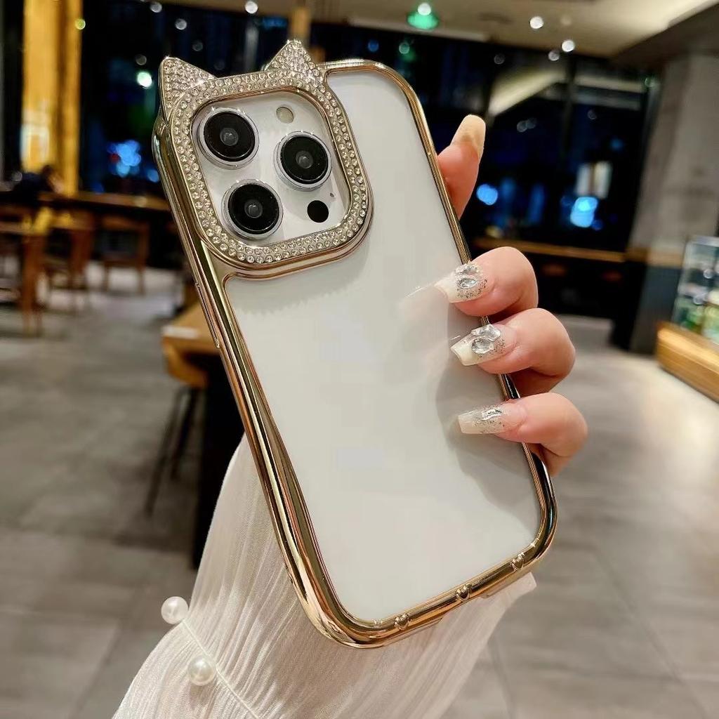 Diamentowe Uszy Kota Odpowiednie do Etui na Telefon IPhone16 Gradientowy Brokatowy Puder Apple 15 All Inclusive 14ProMax Miękkie Etui 13