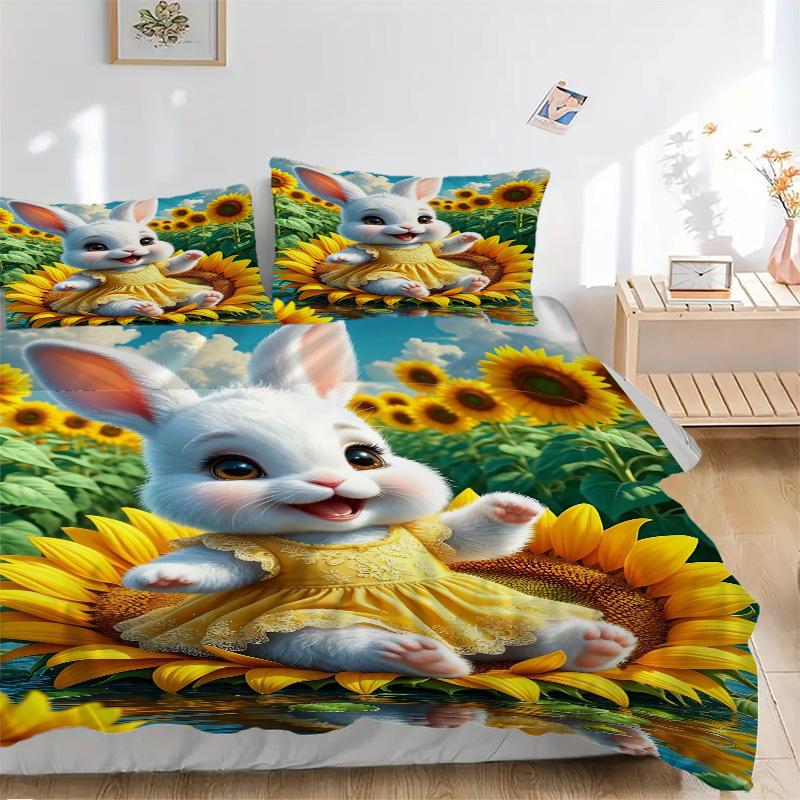 3pcs Anime Bunny Sunflower Bedding Set - Includes One Quilt Cover and Two Pillowcases (No Core) - Polyester Fabric, Perfect for Bedroom and