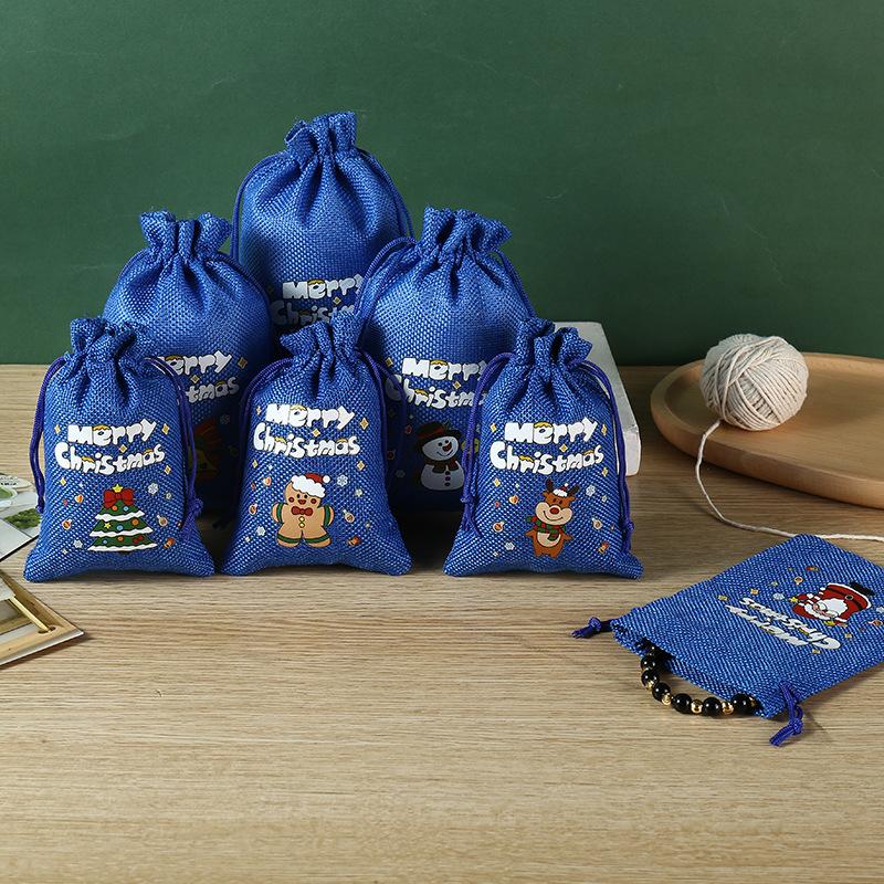 Jul-färgad linneväska med dragsko Julgodis Kaka Presentförpackningspåse Tecknad Jul Älg Smycken Present Förvaringspåse