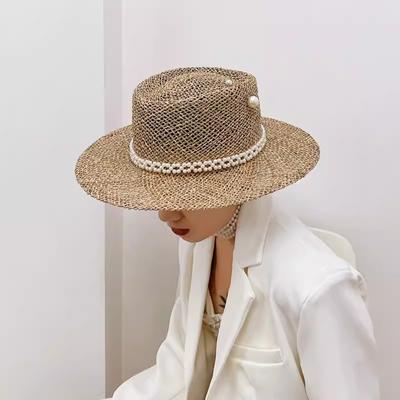 Sommer Strohhut Perle Pin Damen Sommer Meer Sonnenschirm Hohl Rille Flache Oberseite Strohhut Sombrero
