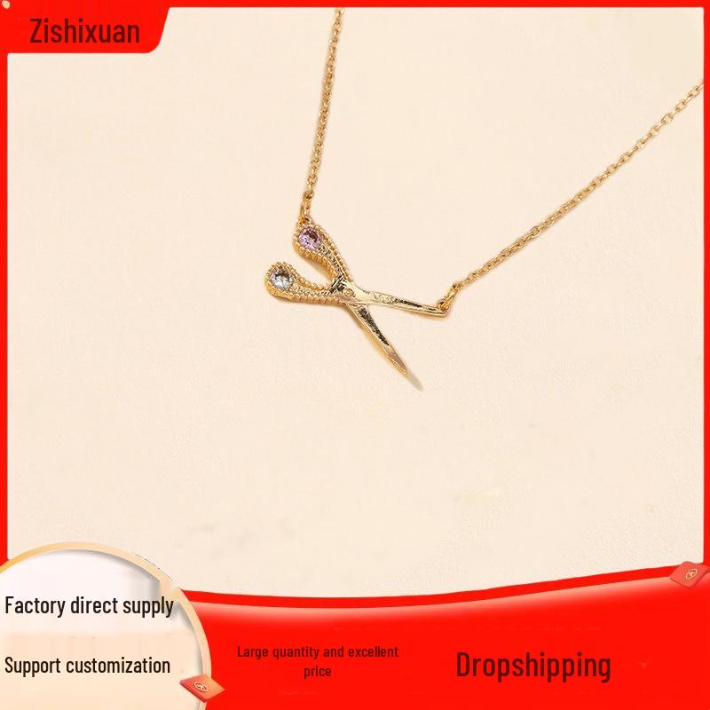 Copper Inlaid Cubic Zirconia Pendant Necklace Set with Scissors Design
