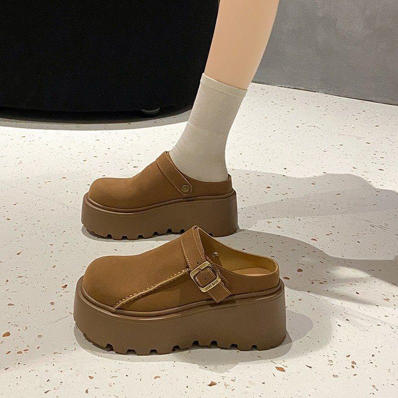 Pancake-style High-heeled Women's Shoes - New Style Thick-soled Front-covered Half-toe Slippers