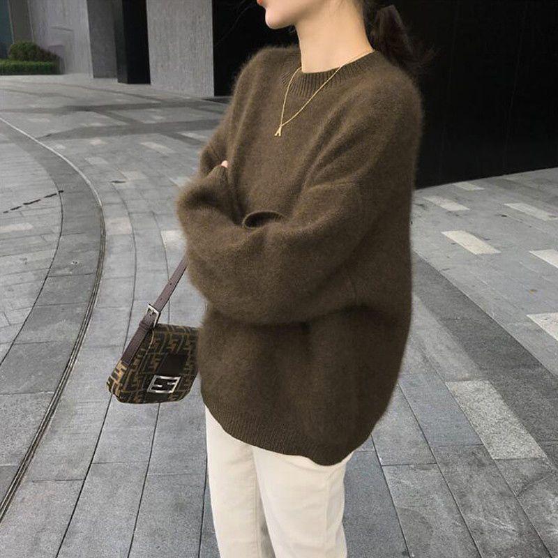 Women's Black Mink Cashmere Pullover Sweater - Soft, Cozy & Oversized for Autumn/Winter