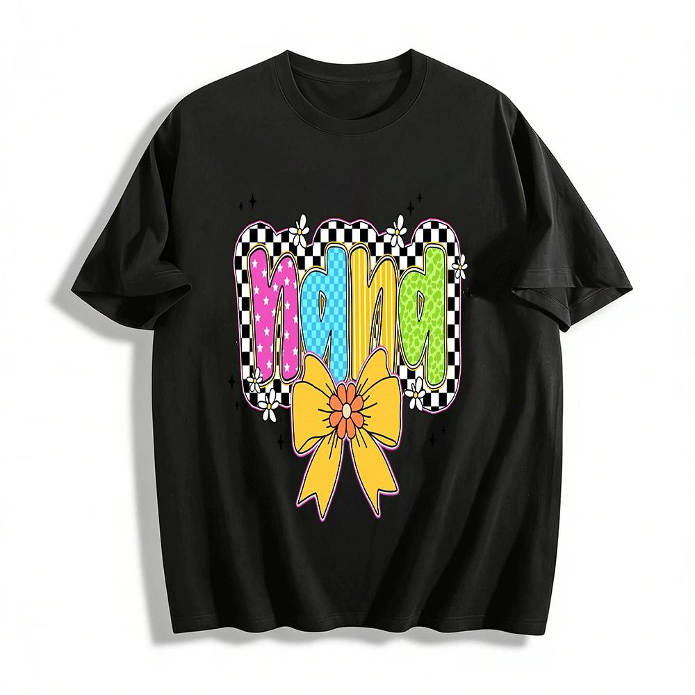 Vintage Plaid Nana Letter Print Bow Decor Casual Top For Adults Pure cotton T-shirt XXS