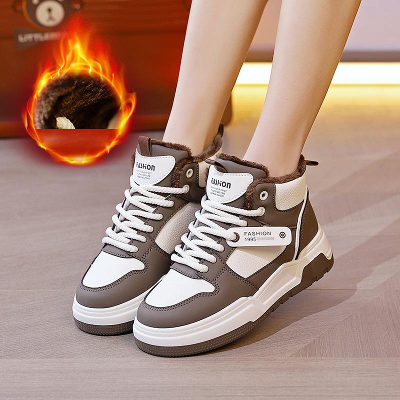 Damen-Winter-High-Top-Sneaker mit Kunstpelzfutter, rutschfeste Outdoor-Schneestiefel, warme, mit Fleece gefütterte kurze Stiefeletten, Stiefeletten aus Kunstleder für Damen