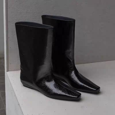Cowhide Version~ Korean Niche Small Square Head Slope Straight Mid-tube Boots Women's 2025 New Thin Boots Chelsea Boots