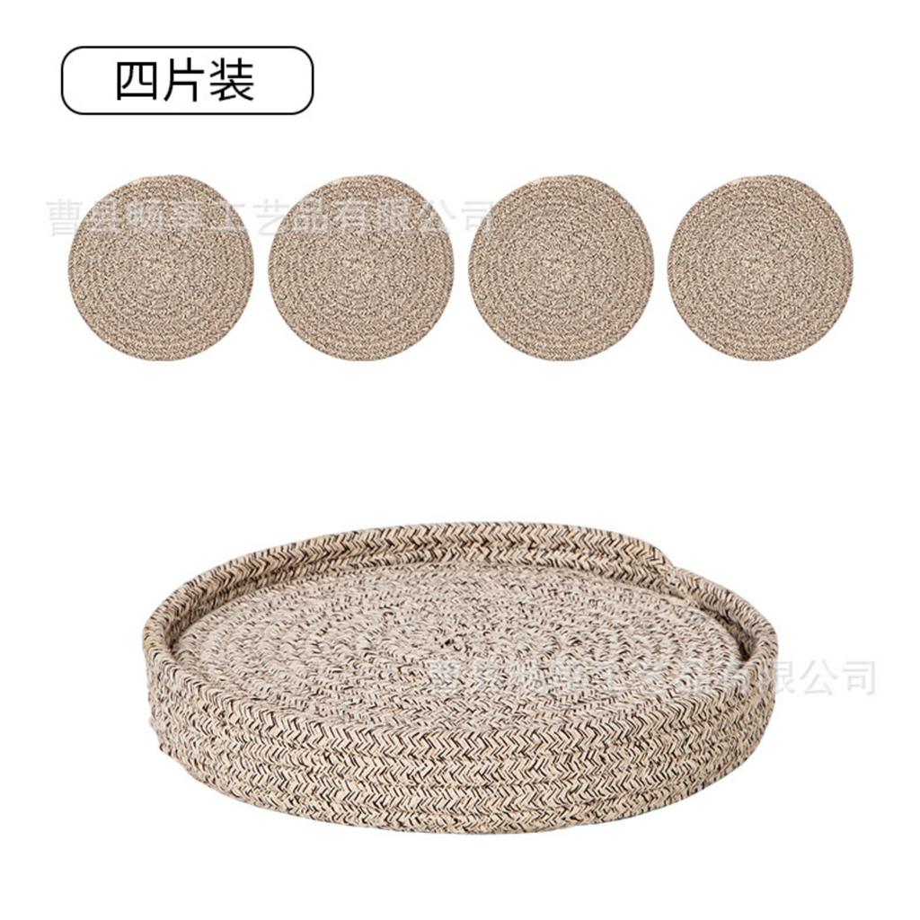 Round Woven Jute Coaster Set 4 Pieces 18cm Diameter with Matching Round Tray Natural Fiber Drink Coasters for Home Table Protection