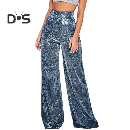 Spodnie damskie z szerokimi nogawkami i nadrukiem na gorąco, błyszczące, długie, klubowe, występy, zapięcie na suwak, spodnie z brokatem