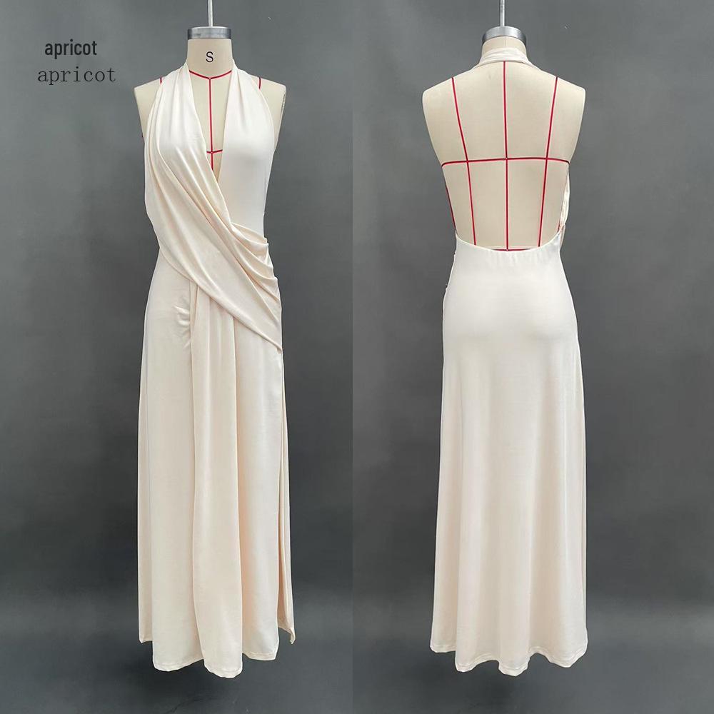 2025 Summer Fashion Deep V Halter Pleated Open-Back Slit Dress for Women