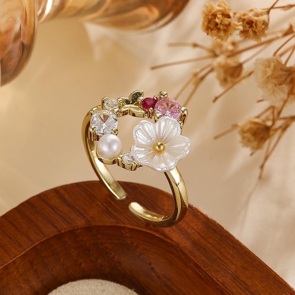 Creative Sweet Garland Micro-inlay Zircon Butterfly Flowers Pearl Open Rings for Women Exquisite Stainless Steel Finger Jewelry