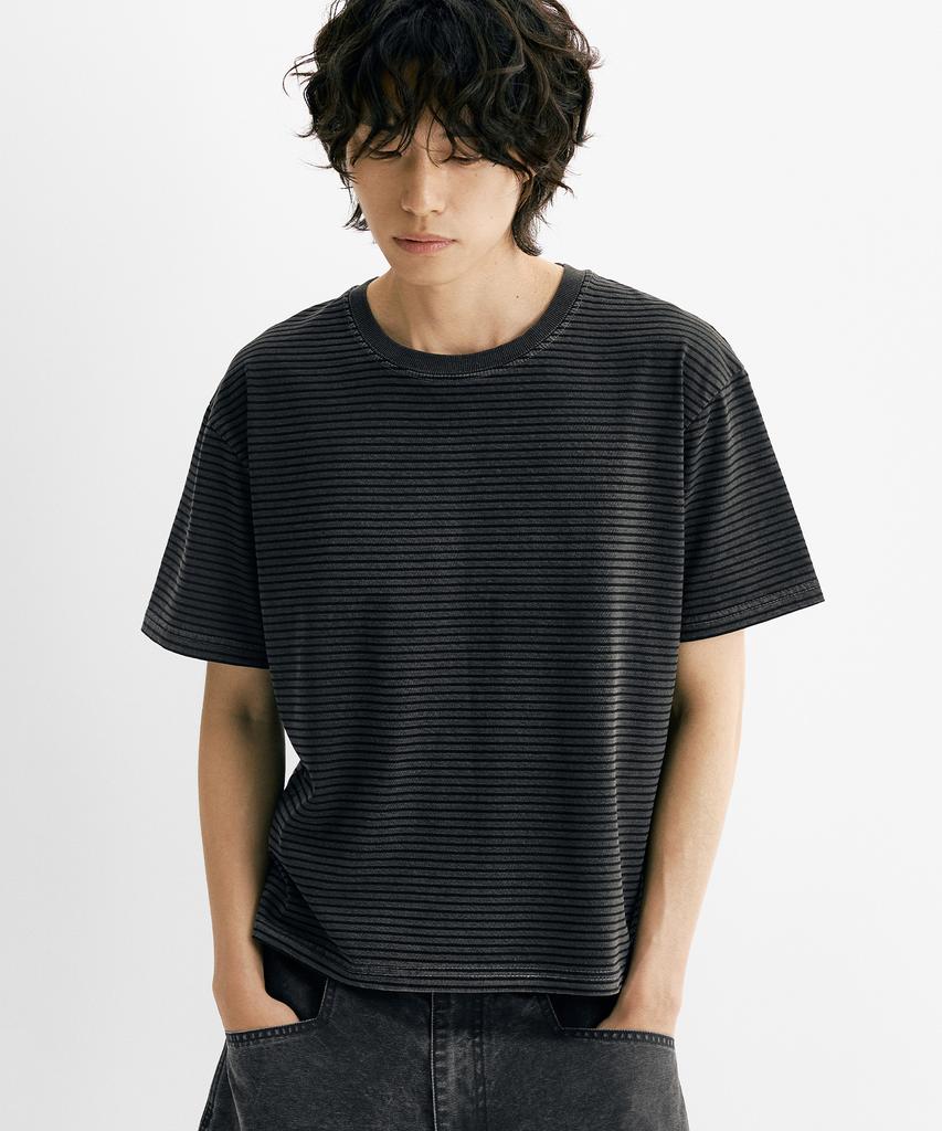 Denawo Pigment Stripe Crop Short Sleeve Tee (Charcoal)