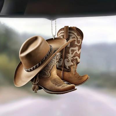 Stilvoller Acryl-Anhänger für das Auto Lustiger Cowboystiefel und Hut Flache Dekoration Fahrzeuge Für