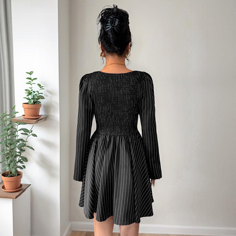 New Elegant Women's Long-sleeved Contrasting Color Spliced Autumn Striped Dress