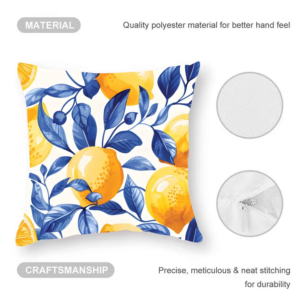 Blue - Toned Watercolor Lemon Pillow Case  Anti-dustmite Pillowcase Invisible Zipper Silky Short Plush Sofa Cushion Cover