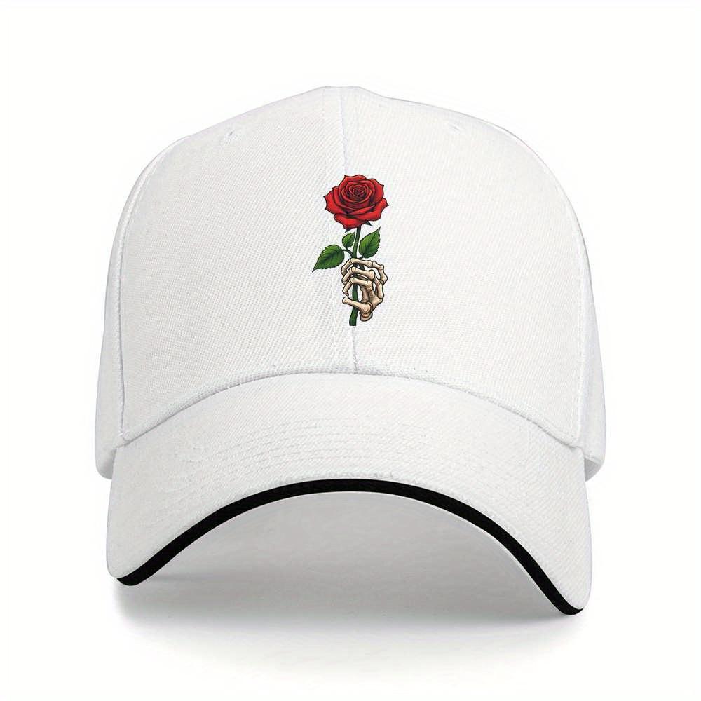 Skeleton Hand Holding Red Rose Baseball Cap Unisex Adjustable Polyester Casual Headwear