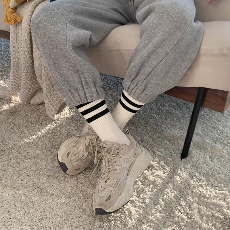 3 Pairs Cotton Women Sock Striped Solid Color Casual Breathable Hip Hop Skateboard Fashion Female Black White Middle Tube Socks