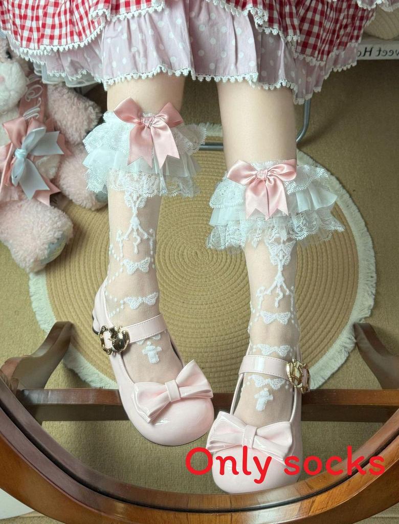 Lolita Butterfly Pattern Nylon Girls Midcalf Socks With Lace Trim For Spring Summer Wear
