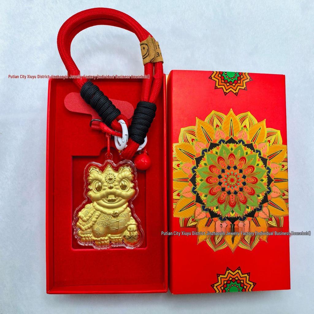 Gold Lucky Lion 999 Fine Gold Pendant Charm - New Year Keychain, Bag, and Mobile Phone Accessory for Wealth