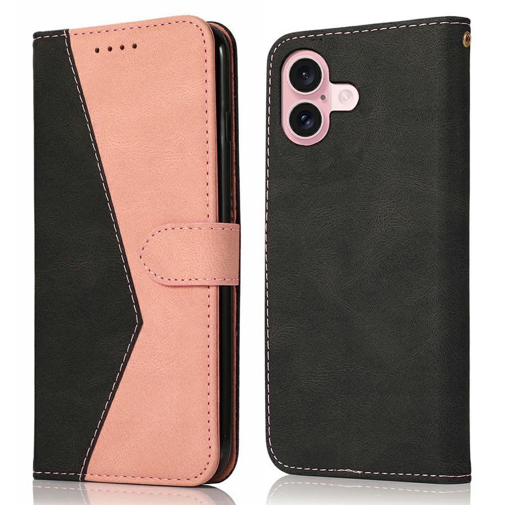 For iPhone 17 Case Color Splicing Wallet Stand Leather Phone Cover with Wrist Strap