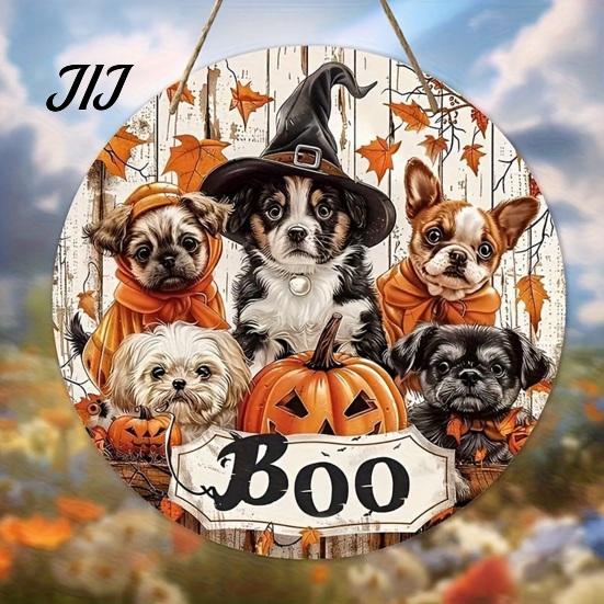 Front Porch Hanging Sign Wooden Halloween Door Sign, Cute Puppy Witch Hat Pumpkin Boo Festive Home Ornament Hanger, Fall Maple Leaf Wall Decor