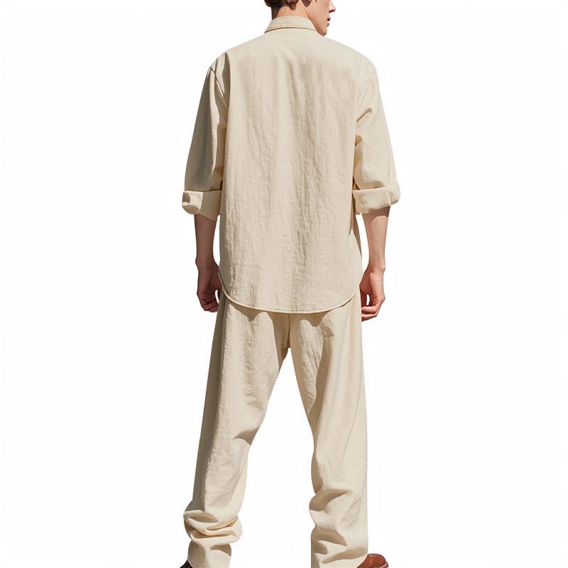 TUMU Men's Linen Casual Beach Set: Four Seasons Long Sleeve Shirt & Pants