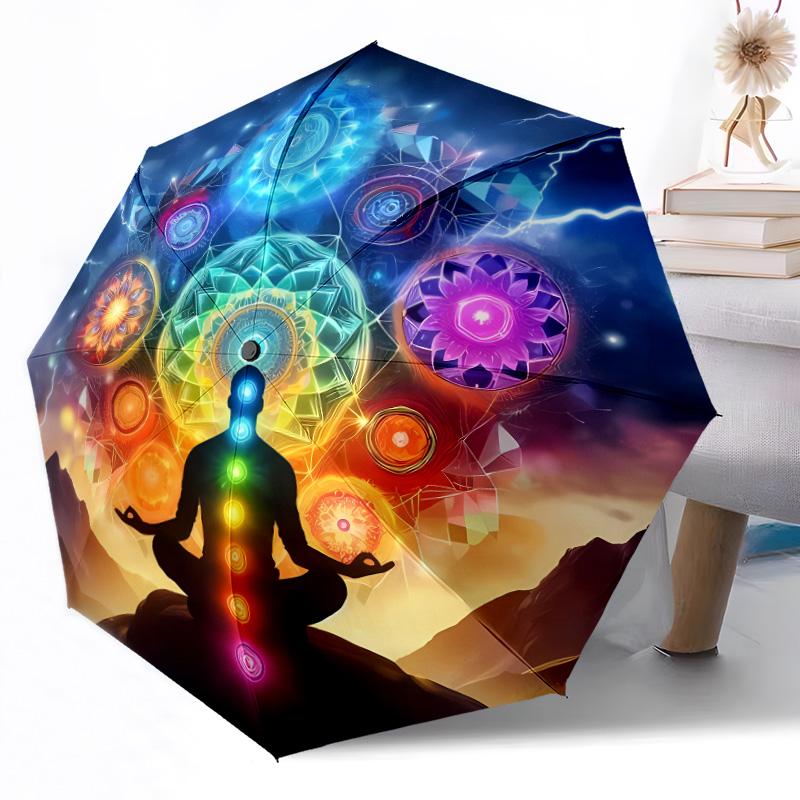 Chakra Balance Mandala Automatischer Regenschirm Kompakt 8-Rippen-Design Leicht Ganzjahres-Reise-Outdoor-Zubehör Perfektes Geschenk für Frauen Männer