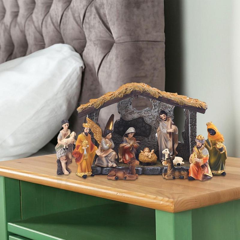 12 Piezas Escena de Belén Set de Figuras Pesebre Santo Cuna de Navidad Figuras Adorno Miniatura Regalo de Iglesia Decoración del Hogar Estatua