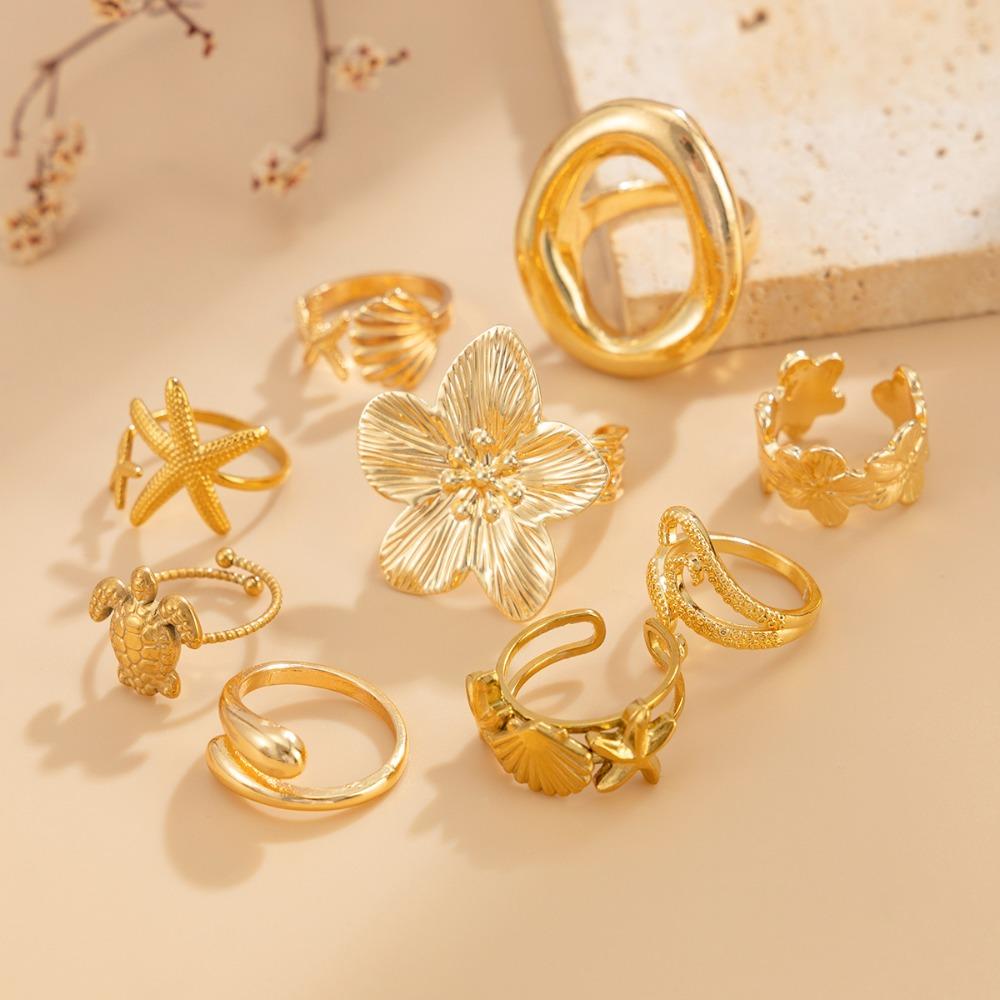 9pcs Set Exaggerated Personality Metal Flower Starfish Turtle Opening Stackable Rings Set for Women Finger Jewelry Sets Gifts