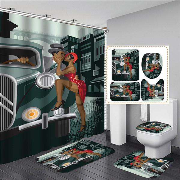 4PCS Full Set Bathroom Curtain Set Elegant African Black Woman Shower Curtain Hooks Modern Bath Mat Toilet Lid Cover Anti-slip Bath Mats