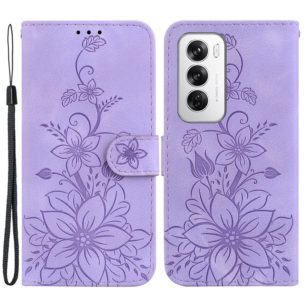 Für Oppo Reno12 5G (Global) Hülle Lilienblumen-Prägung Lederständer Handyhülle
