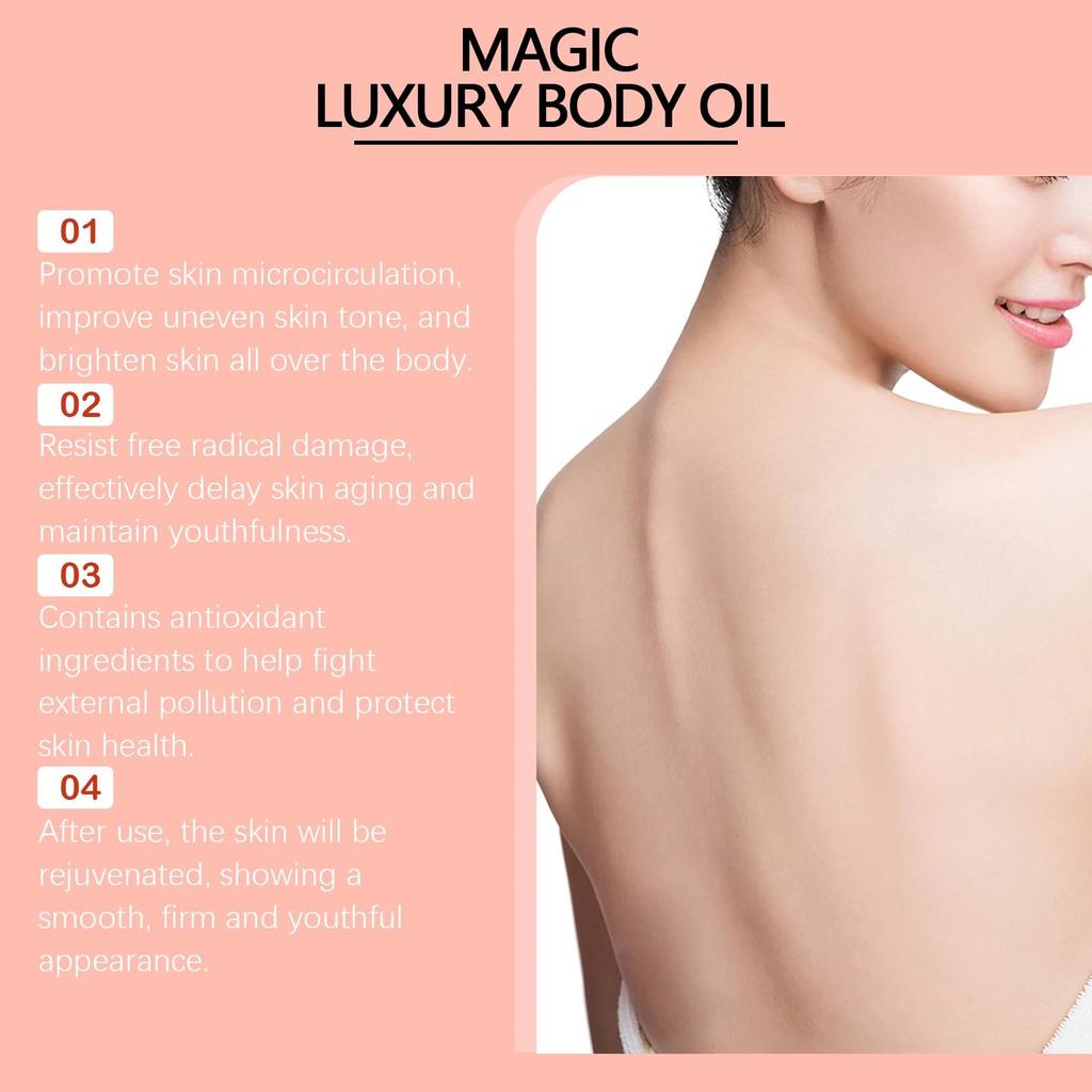 Olio corpo rassodante, lifting, schiarisce le linee sottili, migliora il rilassamento cutaneo, l'opacità, illumina, idrata, nutre la pelle.