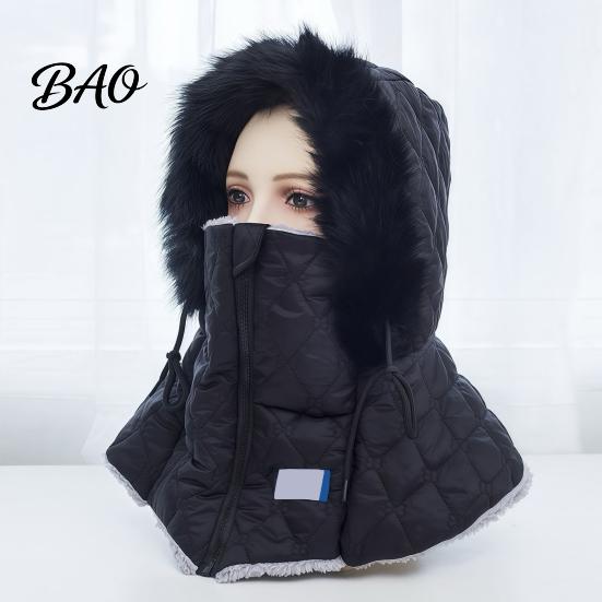 Fashionable Winter Headwear Women Balaclava Hat, Quilted Face Mask Hood Zipper Closure, Fuzzy Trim, Hat for Cold Weather Fleece Lined, Warm Windproof
