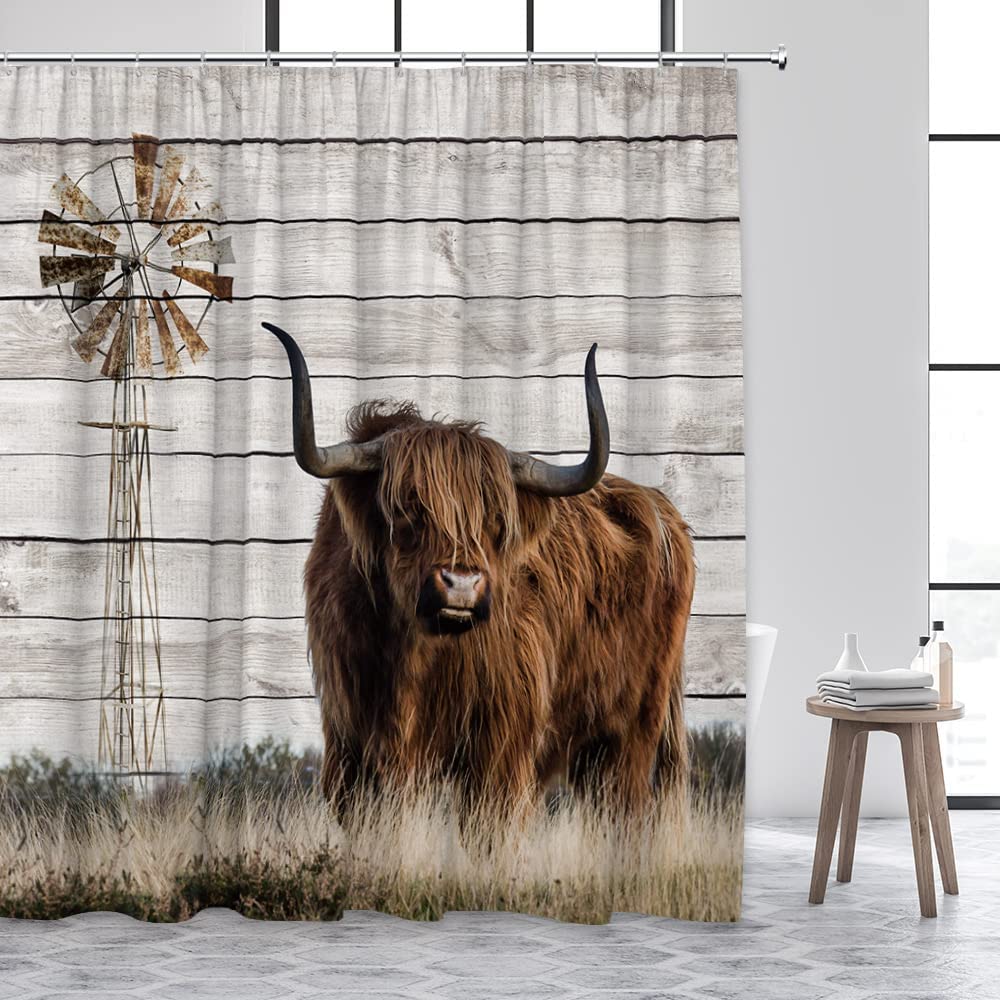 Highland Cow Shower Curtain Rustic Farmhouse Cattle Butterfly Farm Animals Flowers Plants Cowboy Boots Bathroom Decor With Hooks