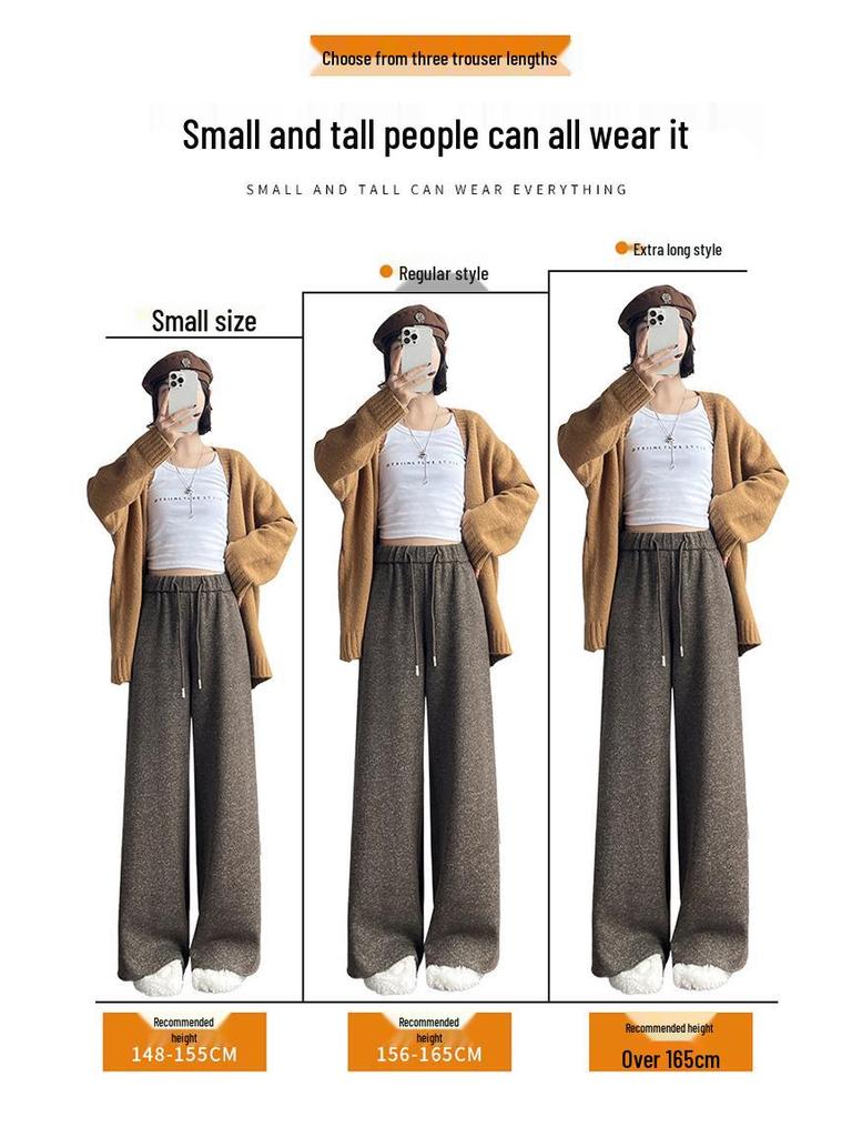 Autumn/Winter 2026 Women's High Waist Slim Fit Wide Leg Floor-Length Pants with Plus Velvet Cashmere.