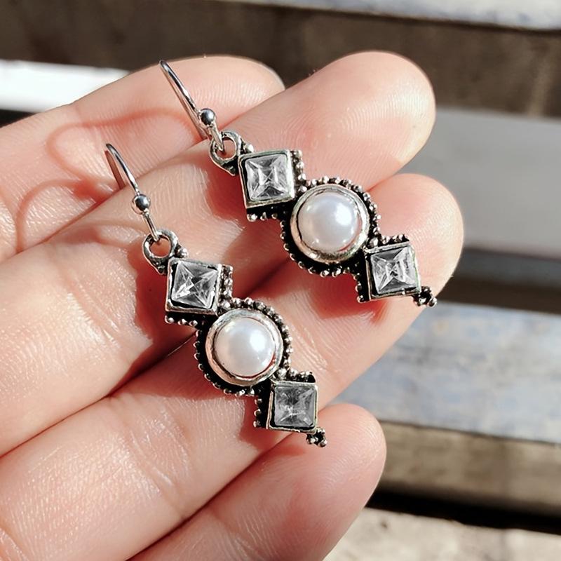 Retro Thai Silver Pearl & Olive Green Square Diamond Dangle Earrings for Women