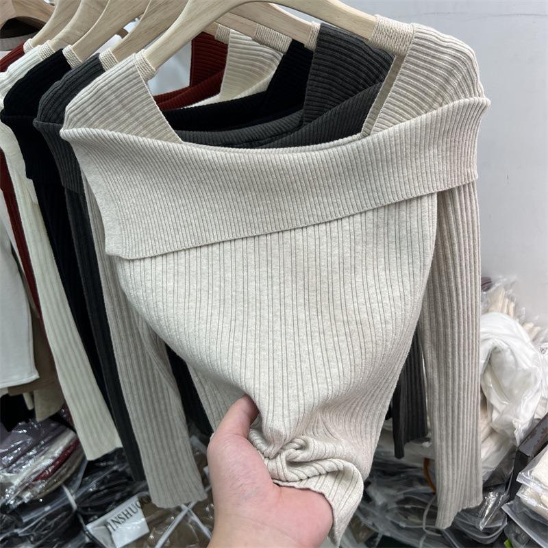 

Дизайнерский свитер с открытым плечом, женский осенний новый базовый свитер, нишевый топ One size fits all [recommended 80-60kg] хаки