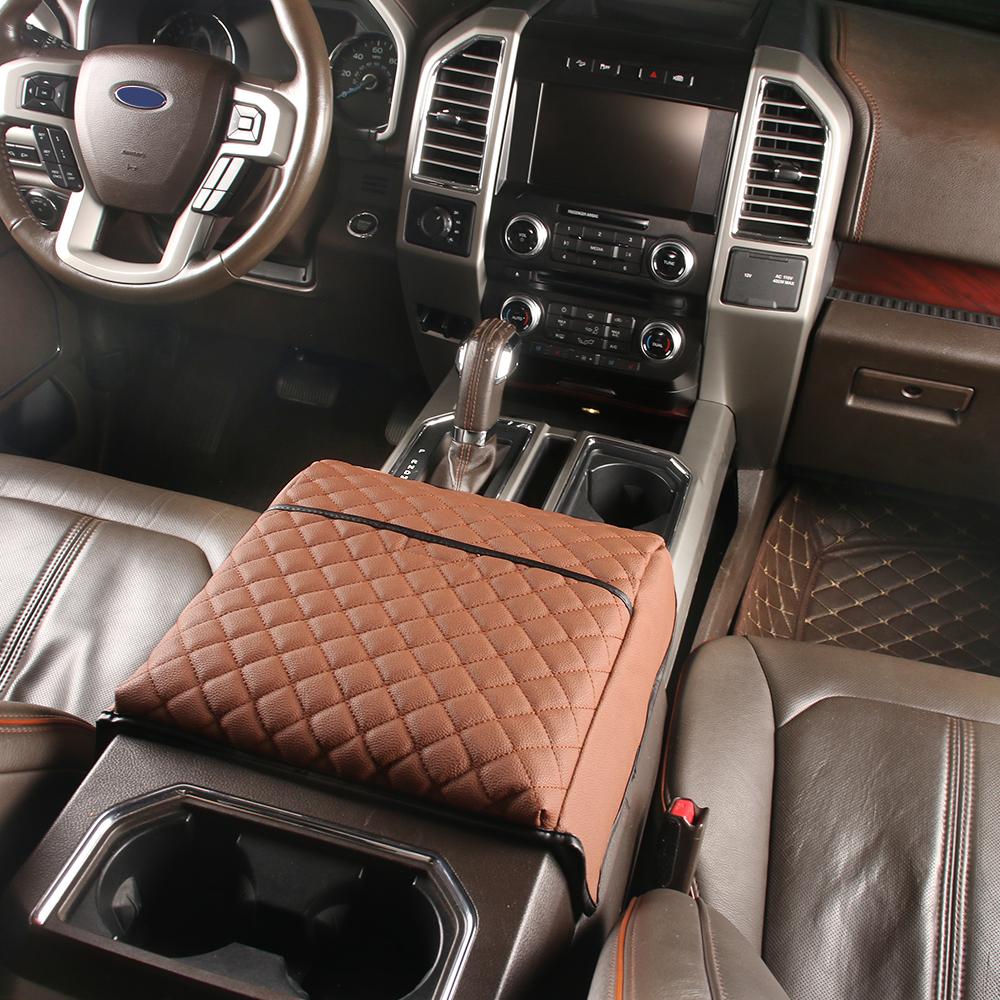 Center Console Armrest Box Cover Leather Pad Protector For Ford F150 2015+ Brown
